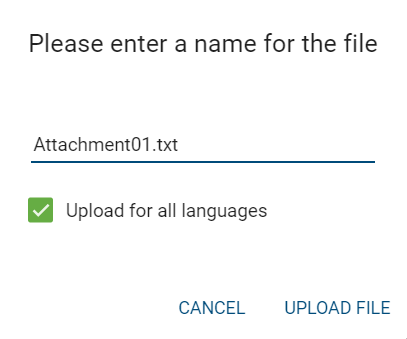 The screenshot shows the input field for the name of the attachment and the "Upload file" option.