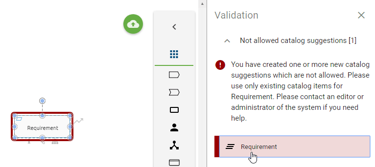 This screenshot shows an invalid catalog suggestion of a requirement object in the validation process.