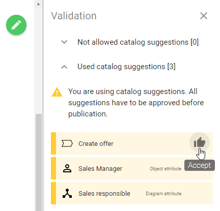 In this screenshot the "Accept" button of an unapproved catalog entry in the validation.