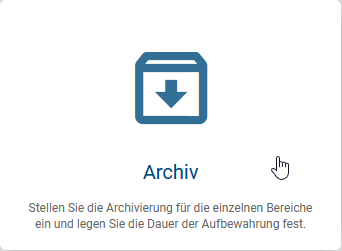 Der Screenshot zeigt die Kachel "Archiv" in der Administration.