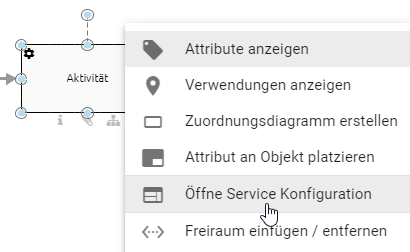 In diesem Screenshot wird das Kontextmenü einer Service-Aktivität mit der Option "Öffne REST Konfiguration" dargestellt.