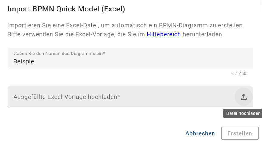 Der Screenshot zeigt das Dialogfenster für die Option "Import BPMN Quick Model (Excel)".