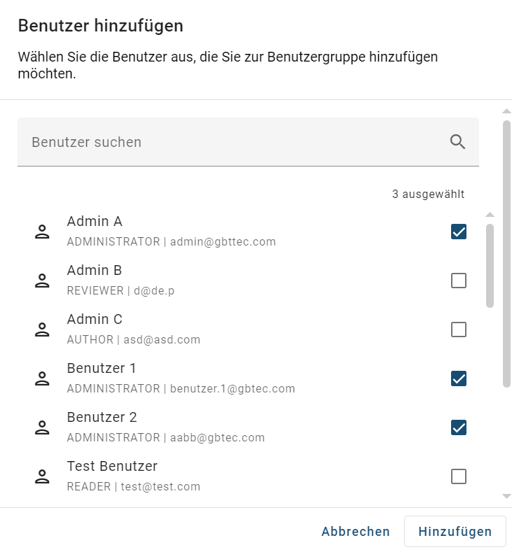 Der Screenshot zeigt das Dialogfenster für das Hinzufügen von Benutzern in die Benutzergruppe.