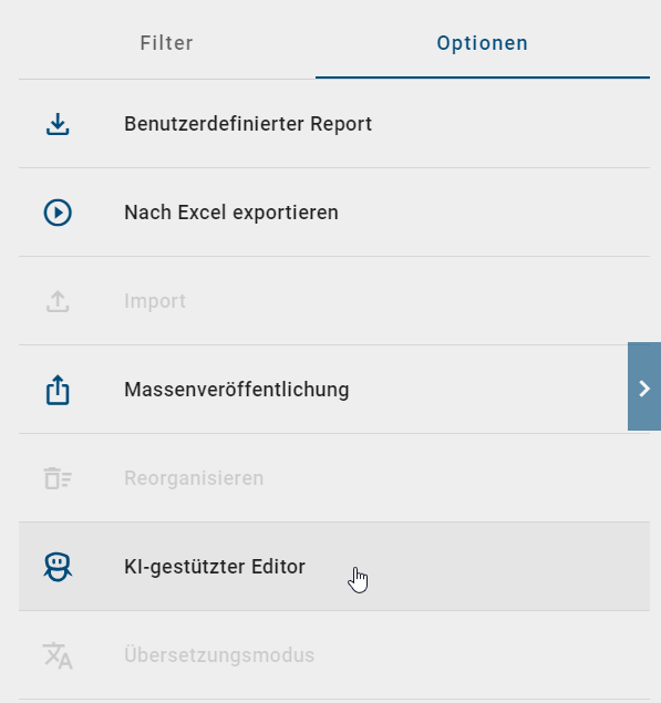 Der Screenshot zeigt die Option "AI Katalog-Editor" im Optionsbereich.