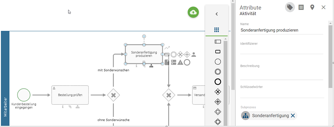 Der Screenshot zeigt die Detailsicht und das Attribut "Subprozess" einer Aufrufaktivität.