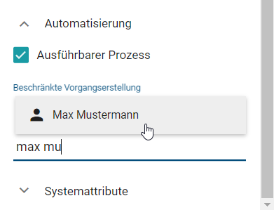 Hier wird die Vorschlagsliste nach Eingabe einiger Zeichen in das Attribut "beschränkte Vorgangserstellung" gezeigt.