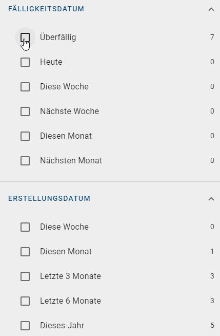 Der Screenshot zeigt die Filteroption "Fälligkeitsdatum" für die Vorgänge.