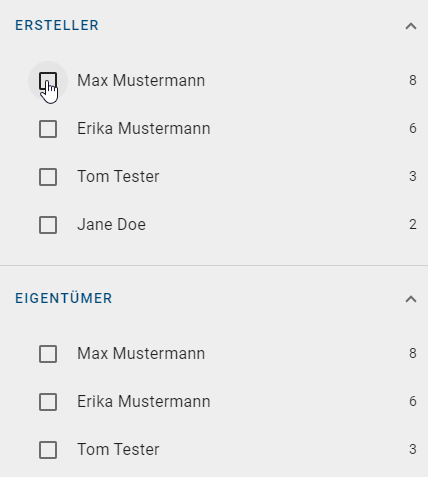 Der Screenshot zeigt das Auswählen eines Eigentümers im Filter.