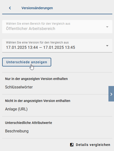 Der Screenshot zeigt die Unterschiedlichkeiten von der ausgewählten Version und der aktiven Version in den "Versionsänderungen" für einen Katalogeintrag.