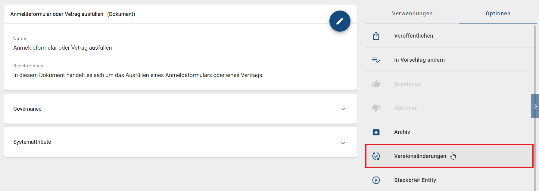 Der Screenshot zeigt die Option "Versionsänderungen" in dem Reiter "Optionen" eines Katalogeintrags.