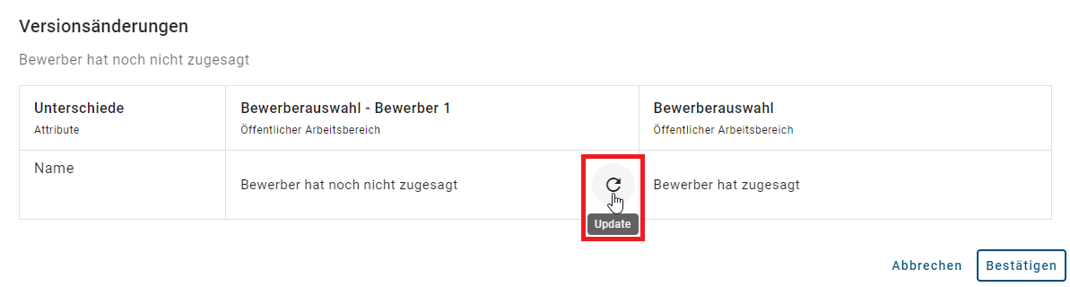 Der Screenshot zeigt die Option "Update" in der Tabelle für den Variantenvergleich.