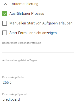 Der hier aufgeführte Screenshot zeigt ein Beispiel für die Attribute "ProcessApp-Farbe" und "ProcessApp-Symbol".