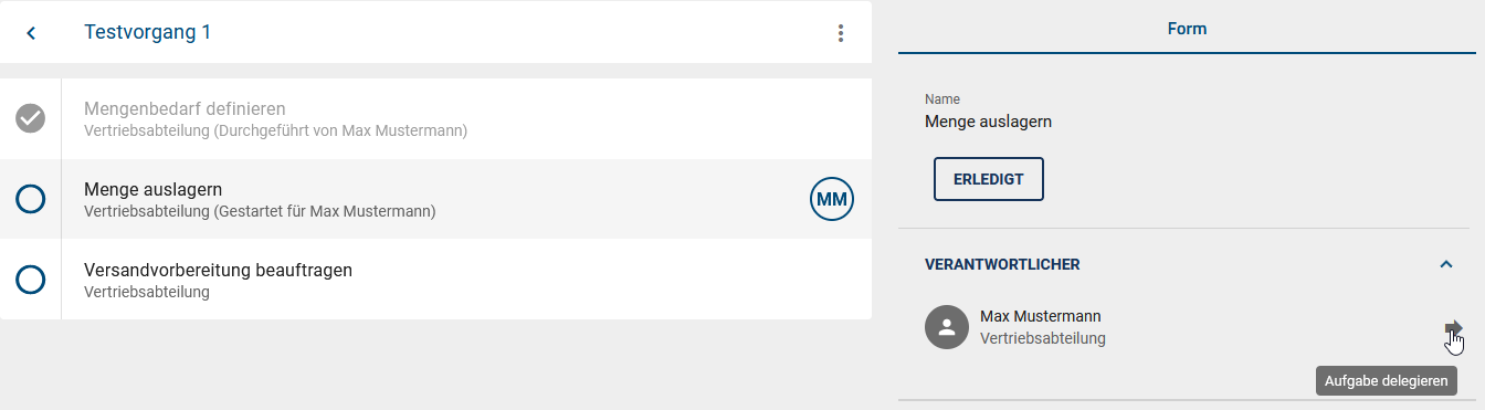 Der Screenshot zeigt die Form einer Aufgabe im Vorgangsablauf mit der Funktion "Aufgabe delegieren".