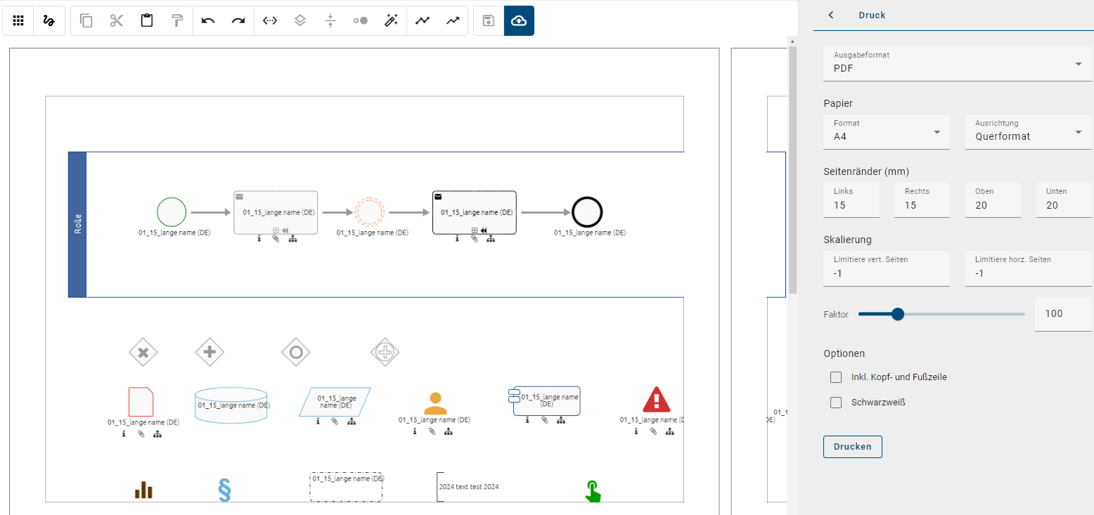 Der Screenshot zeigt ein Diagramm in der Druckansicht mit Seitenrändern und der Aufteilung der Grafik.