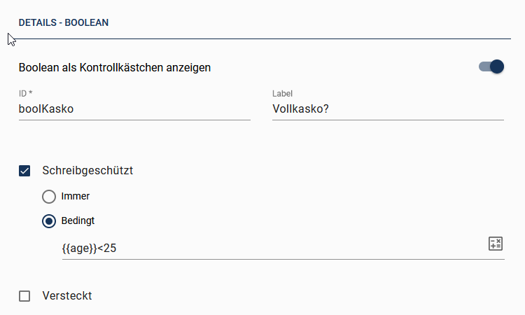 Diese Abbildung zeigt die Details des Formularfeldes "Vollkasko".