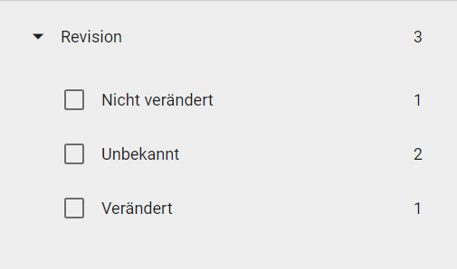 Der Screenshot zeigt das Attribut "Governance Lifecycle" und die Unterfacette "Revison" im Filterbereich des Katalogs-