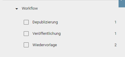 Der Screenshot zeigt das Attribut "Governance Lifecycle" und die Unterfacette "Workflow" im Filterbereich der Diagrammliste.