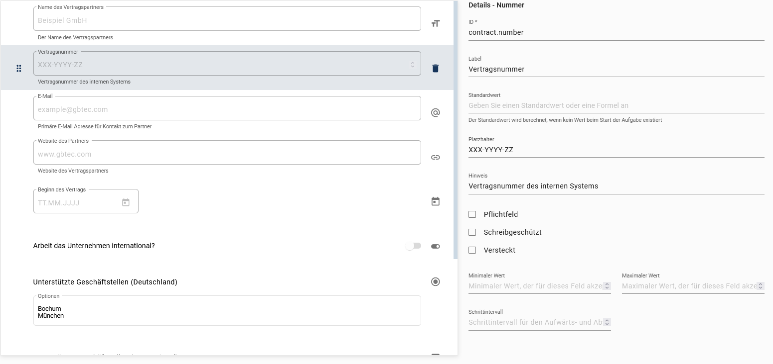 Der hier aufgeführte Screenshot zeigt die Detailübersicht des Formularfelds Nummer.