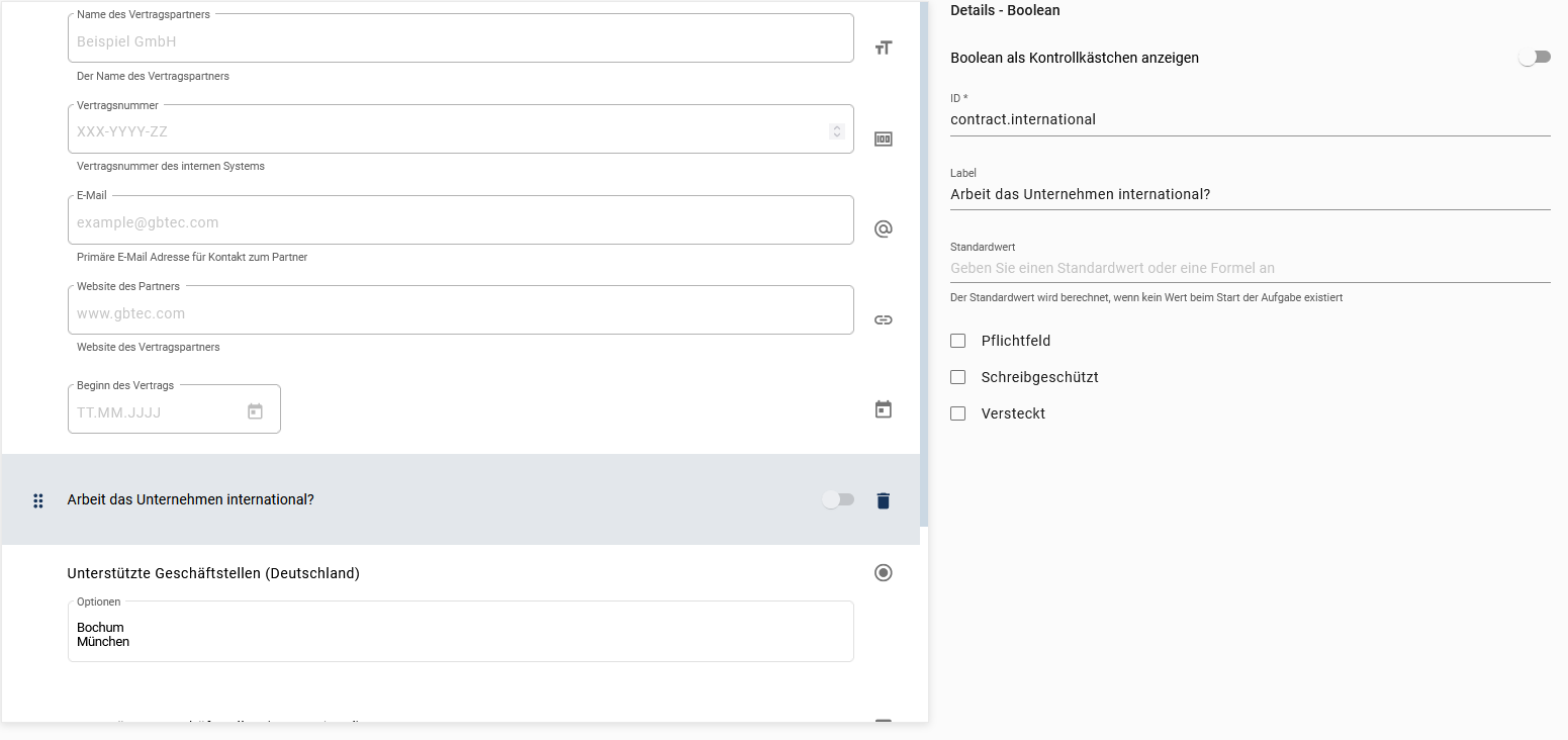 Der hier aufgeführte Screenshot zeigt die Detailübersicht des Formularfelds Boolean.