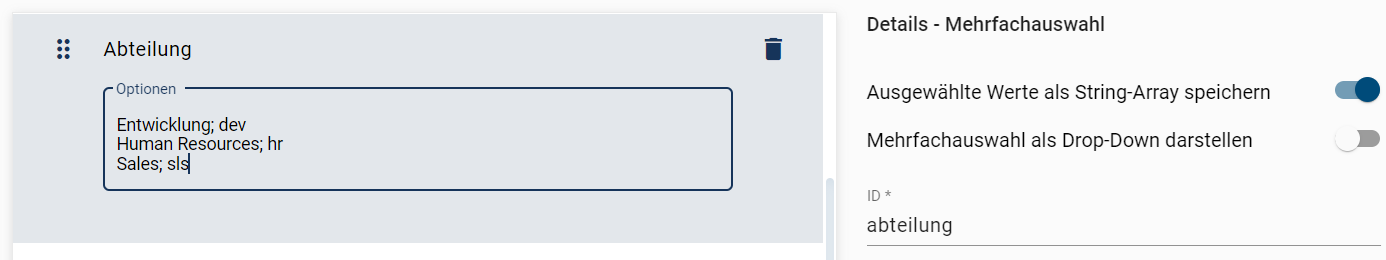 Die Definition eines Multiple Choice Formfelds mit Keys wird hier illustriert.