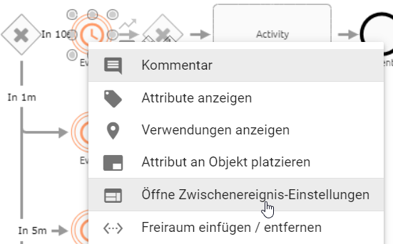 Der Screenshot zeigt das Kontextmenü eines Zwischenereignisses vom Typ "Zeit". Die Option "Öffne Zwischenereignis-Einstellungen" ist hier verfügbar.