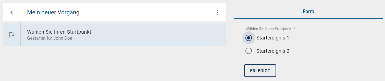 Der Screenshot zeigt den Prozessablauf eines Vorgangs, wobei das Startereignis eine Auswahl an Startpunkten in der Form enthält.