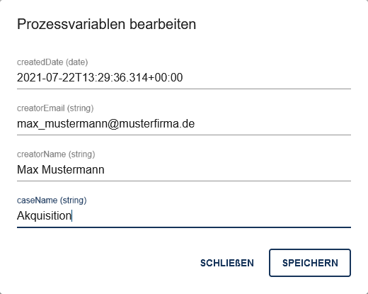 Der Screenshot zeigt das Dialogfenster, in dem die Prozessvariablen eines Vorgangs angezeigt werden.