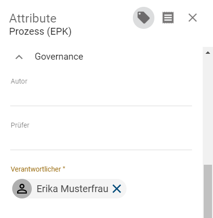 Der Screenshot zeigt die Governance-Attribute eines Diagramms mit dem eingetragenen Verantwortlichen Max Mustermann.