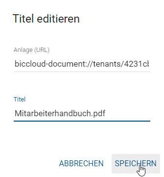 Dieser Screenshot zeigt das Dialogfeld "Titel editieren" von Anlagen (URL).
