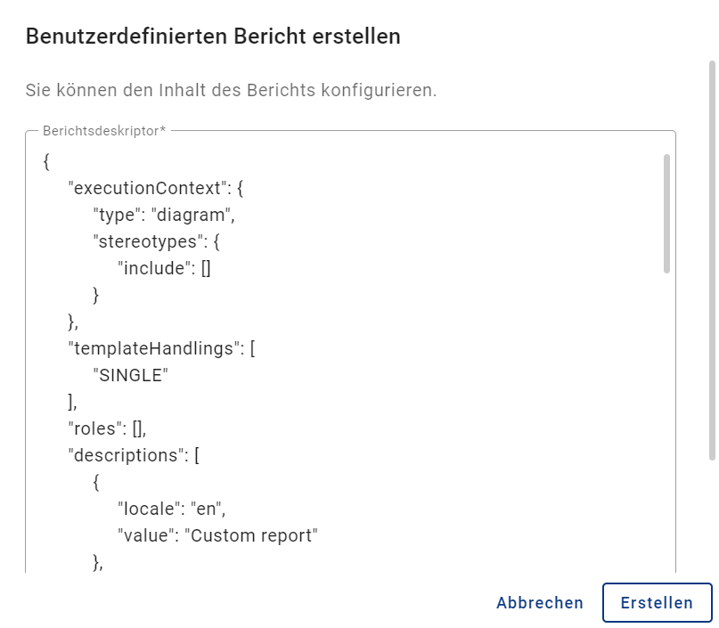 Der Screenshot zeigt das Dialogfenster für das Erstellen eines neuen Berichts.