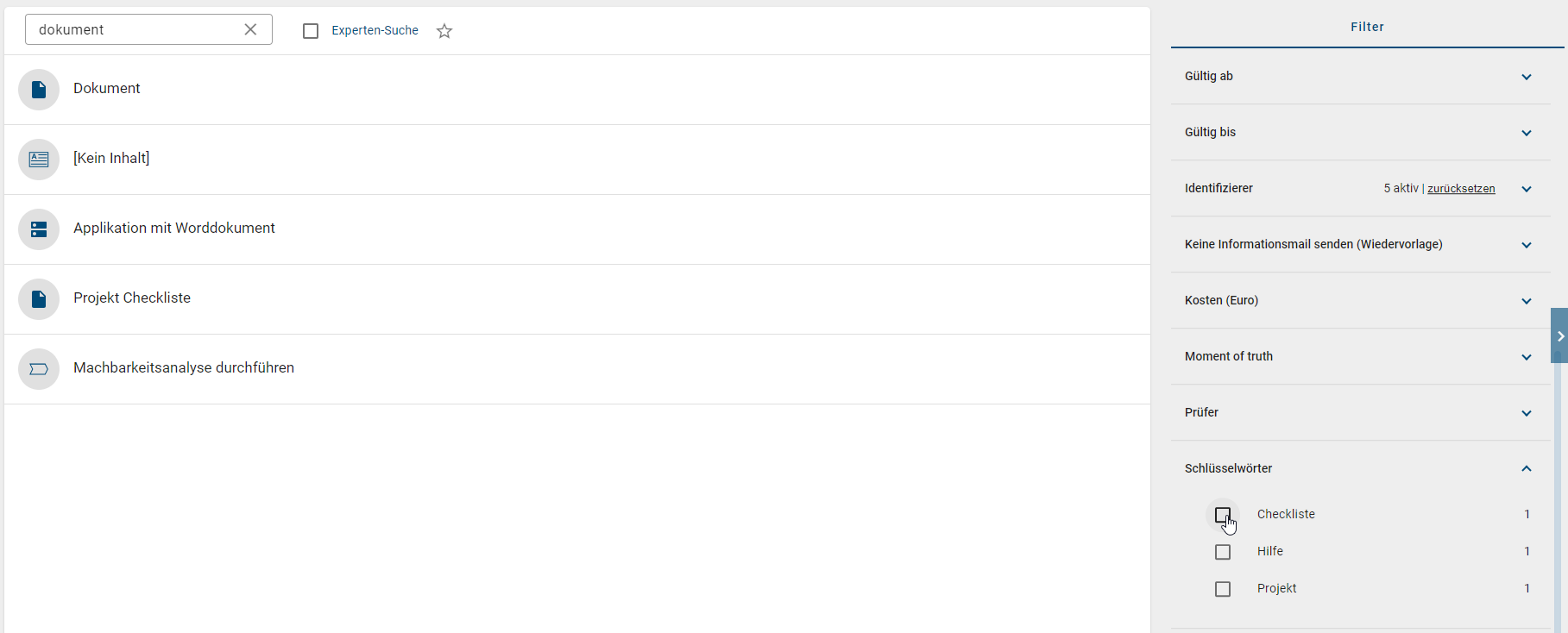 Der Screenshot zeigt die Suchergebnisse der globalen Suche mit aktiviertem Filter.