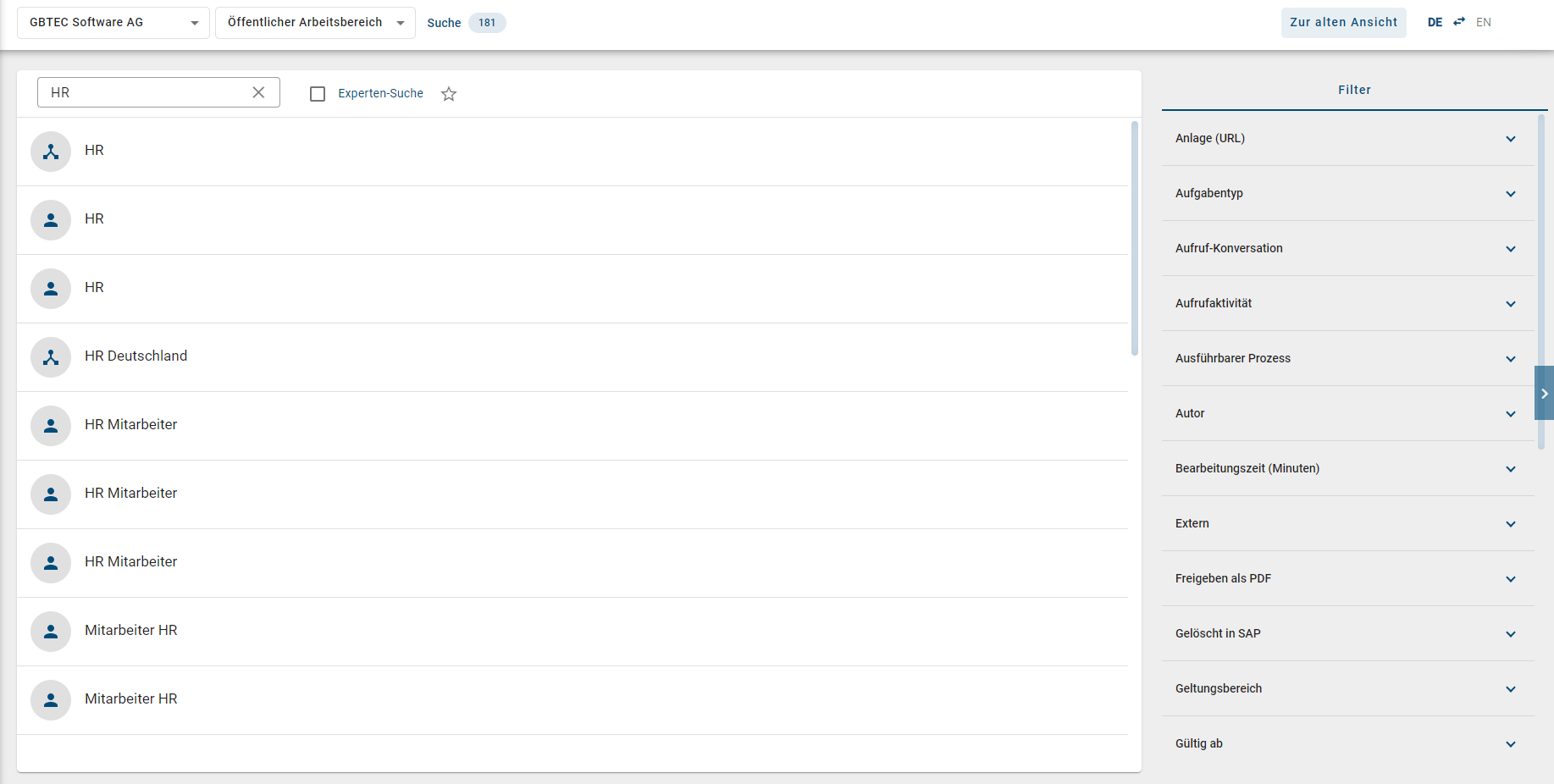 Der Screenshot zeigt die Suchergebnisse der globalen Suche.
