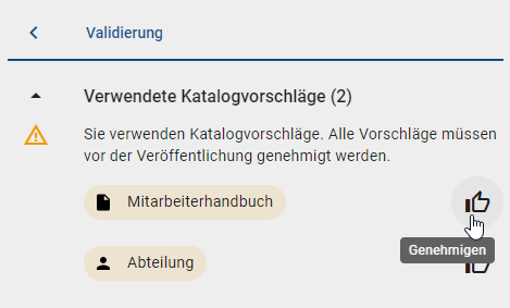 Der Screenshot zeigt die Option "Genehmigen" neben eines noch nicht angenommenen Katalogvorschlages.