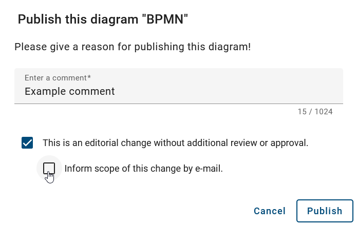 The screenshot shows the dialog box where you can determine whether the scope should be informed about the change by email.