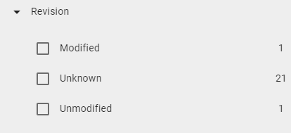 The screenshot shows the "Governance Lifecycle" attribute and the "Revison" sub-facet in the filter area of the diagram list.