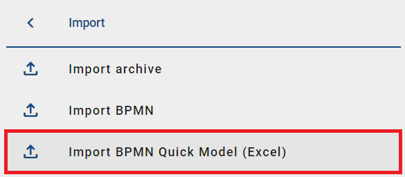 The screenshot shows the option "Import BPMN Quick Model (Excel)" in the options.