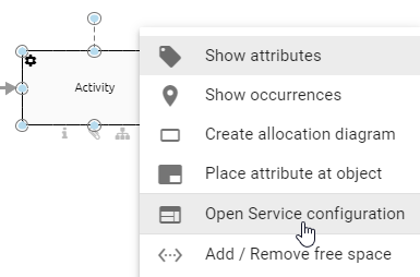 This screenshot shows the context menu of a service activity with the "Open configuration" option.