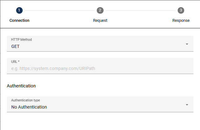 The dialog window "REST configuration" is displayed. The first step "Connection" can be defined here.