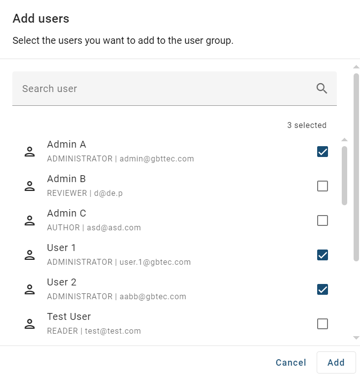 The screenshot shows the dialog window for adding users to the user group.