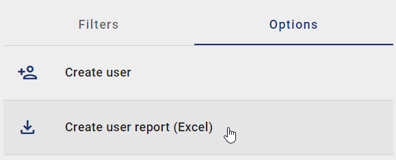 The screenshot shows the option "Create user report (Excel)" in the options panel.