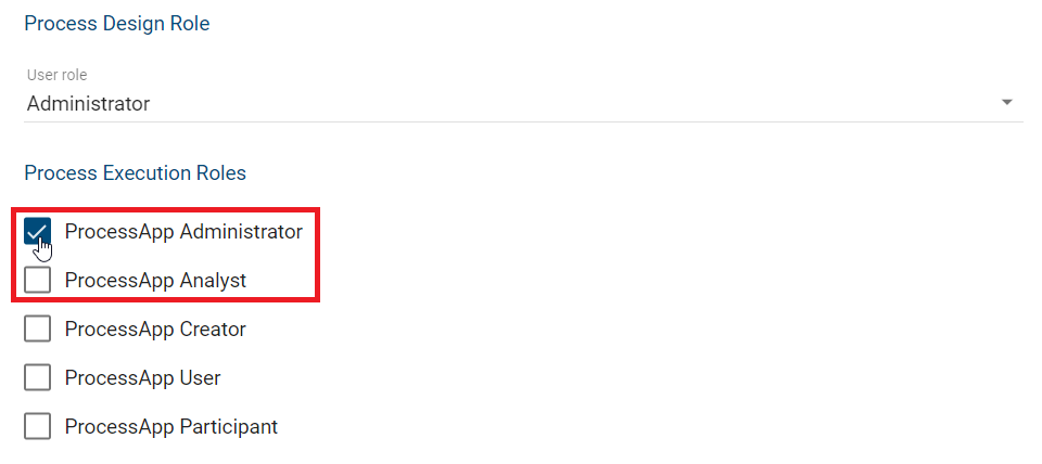 The screenshot shows the selection of the Process Execution role *ProcessApp Administrator* in the Process Design user details.