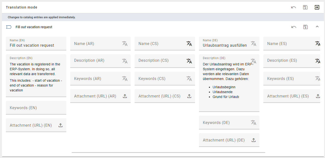 This screenshot shows the overview of the attributes in translation mode.