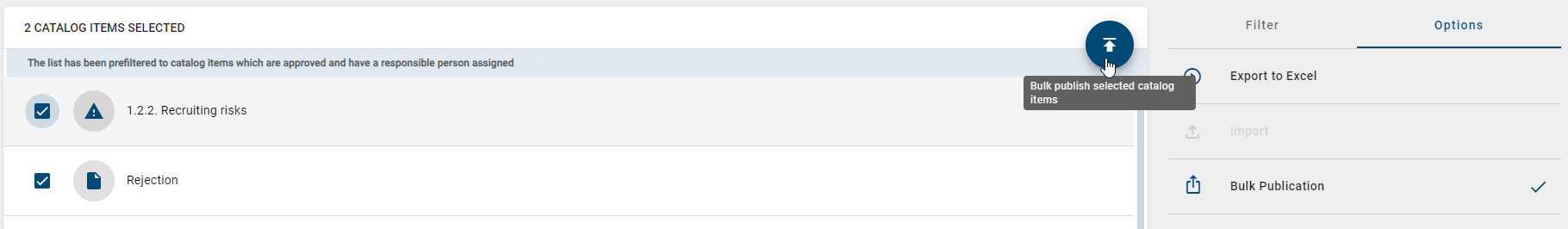The button to publish the selected elements in the catalog list is shown here.