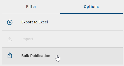 This screenshot shows the option "bulk publication" in the right sidebar of the catalog list.