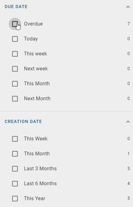 The screenshot shows the filter option "Due Date" for cases.