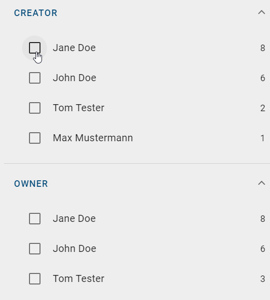 The screenshot illustrates the selection of an owner in the filter panel.