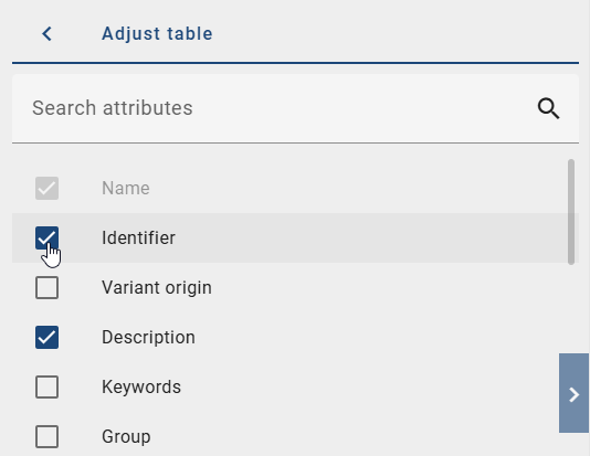 The screenshot shows a list of the attributes that can extend the catalog's list view to a table view.