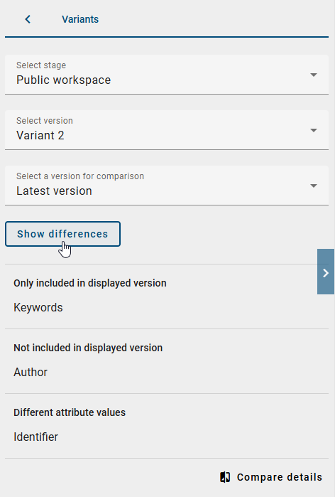 The screenshot shows the differences between the selected catalog variant and active catalog object in the "Variants" option.