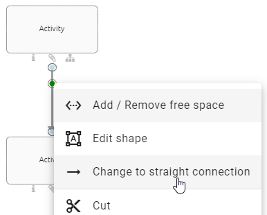 The screenshot shows the "Change to orthogonal connection" button in the context menu of a connection.