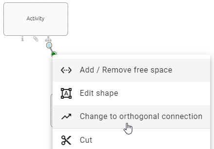 The screenshot shows the "Change to straight connection" button in the context menu of a connection.